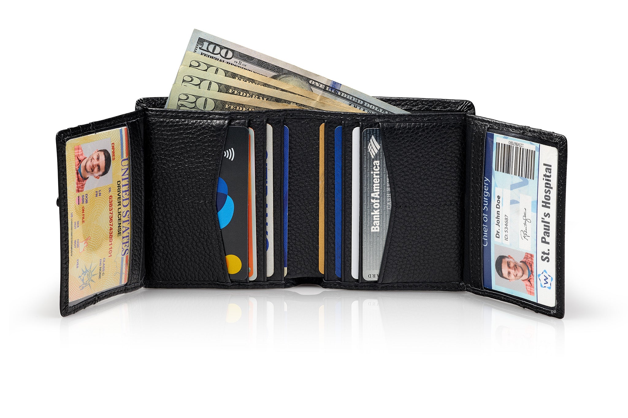 Quad-Fold Leather Wallet for Men - RFID Mens Wallet with 14 Card Slots, 2 ID Windows, Dual Cash Compartment - Genuine Leather, RFID Blocking Technology, Gift-Ready Packaging (Black)