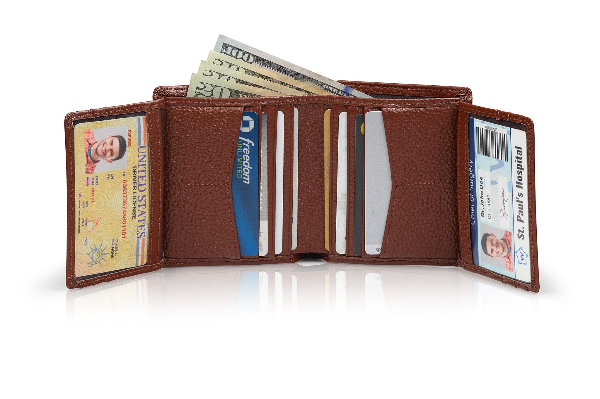 Quad-Fold Leather Wallet for Men - RFID Mens Wallet with 14 Card Slots, 2 ID Windows, Dual Cash Compartment - Genuine Leather, RFID Blocking Technology, Gift-Ready Packaging (Brown)