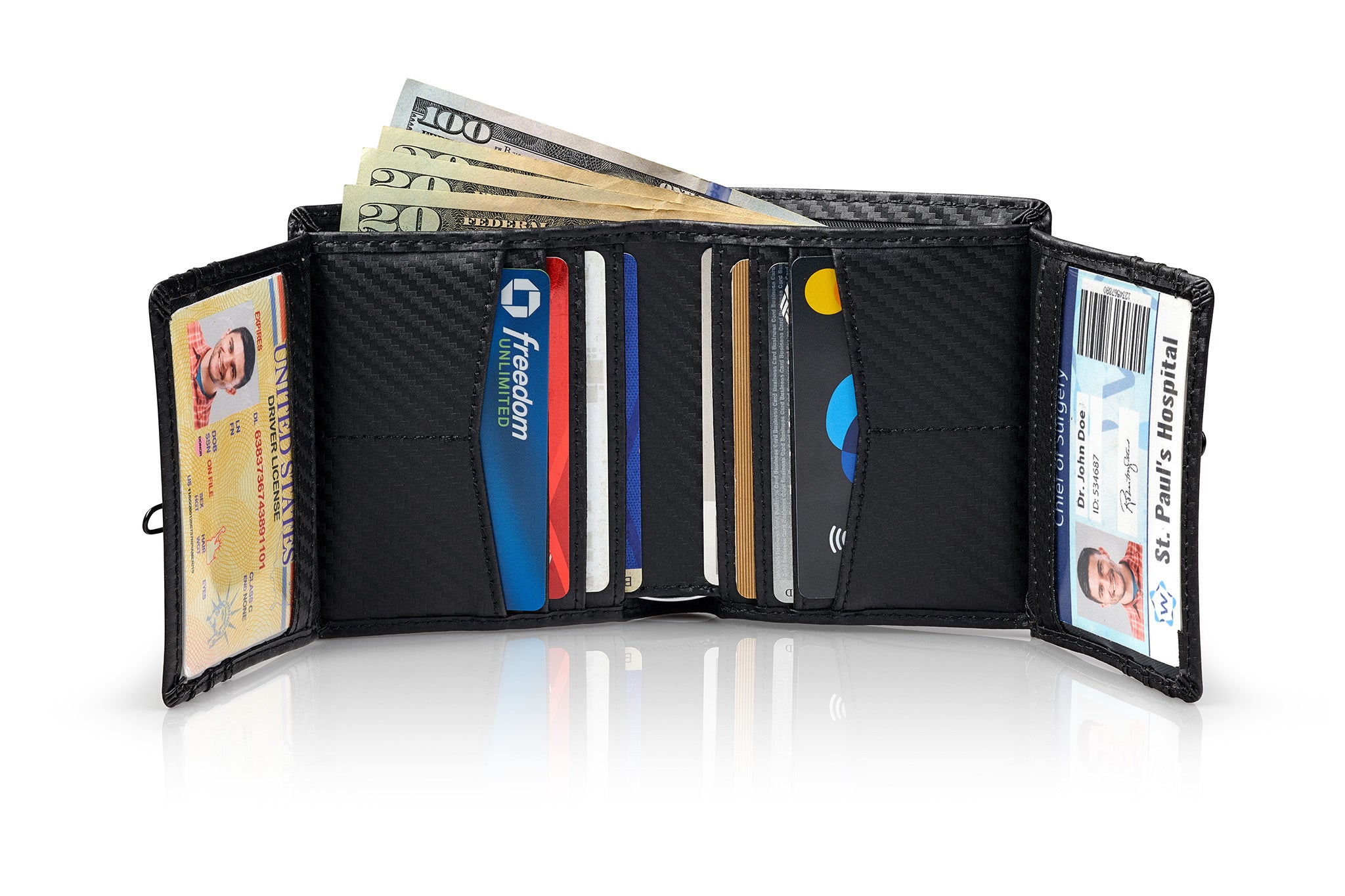 Quad-Fold Leather Wallet for Men - RFID Mens Wallet with 14 Card Slots, 2 ID Windows, Dual Cash Compartment - Genuine Leather, RFID Blocking Technology, Gift-Ready Packaging (Carbon Fiber)