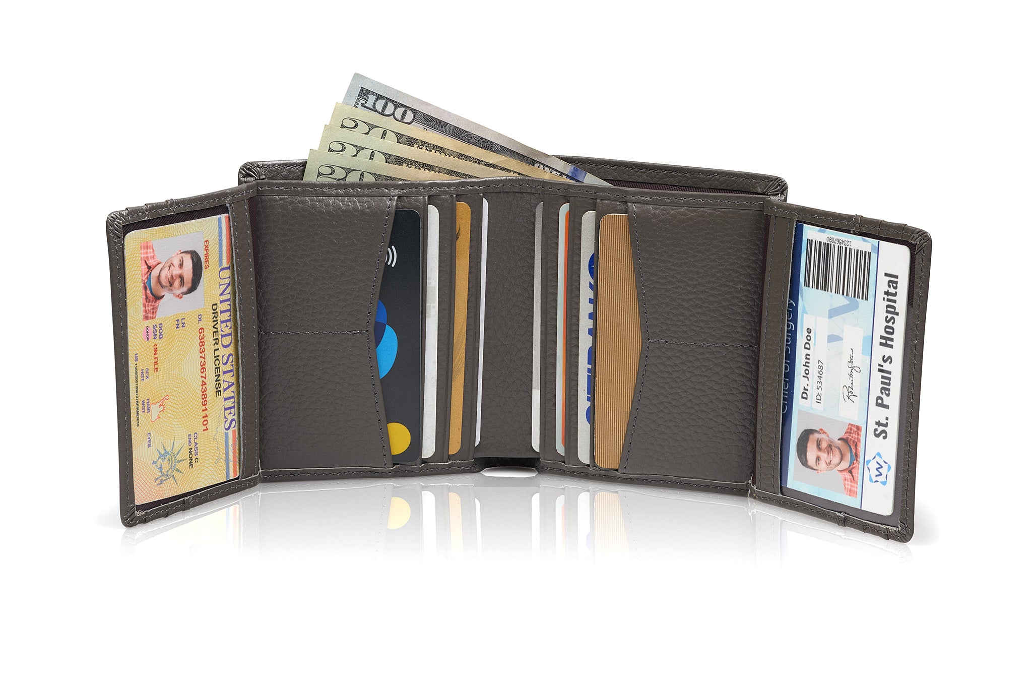 Quad-Fold Leather Wallet for Men - RFID Mens Wallet with 14 Card Slots, 2 ID Windows, Dual Cash Compartment - Genuine Leather, RFID Blocking Technology, Gift-Ready Packaging (Grey)