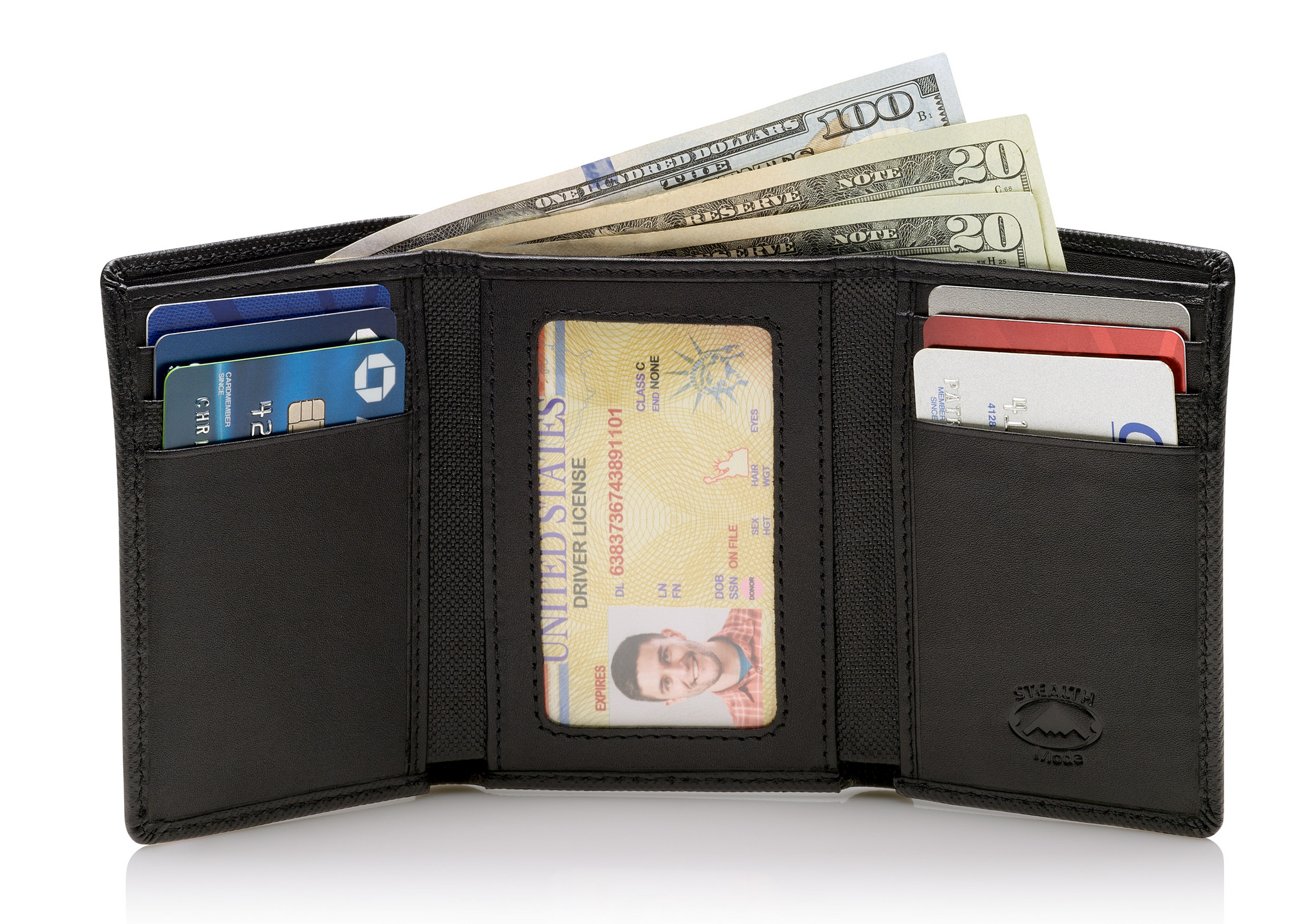 Trifold Leather Wallet With RFID Blocking and ID Window (Black Crunch)