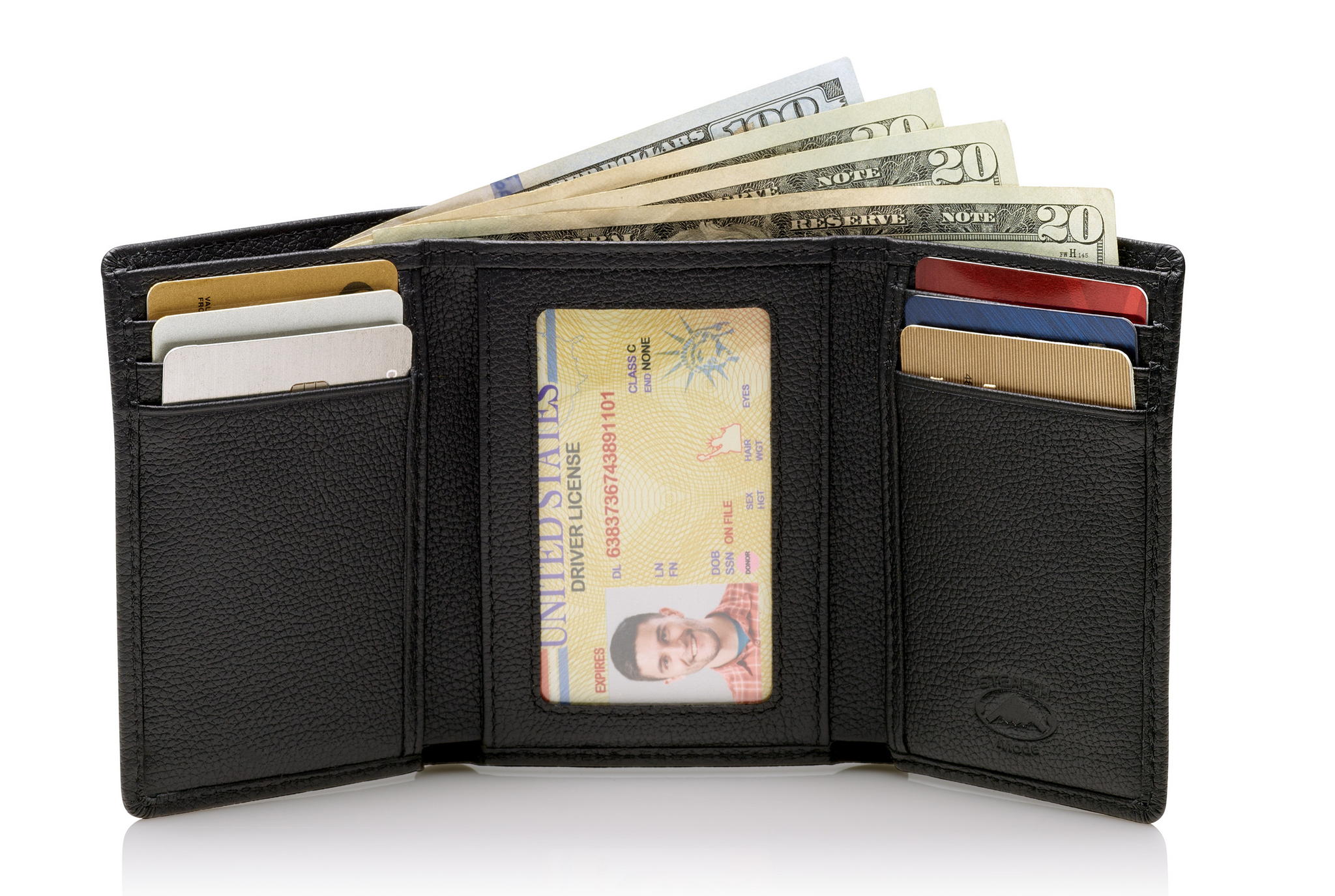 Trifold Leather Wallet With RFID Blocking and ID Window (Black Pebble)