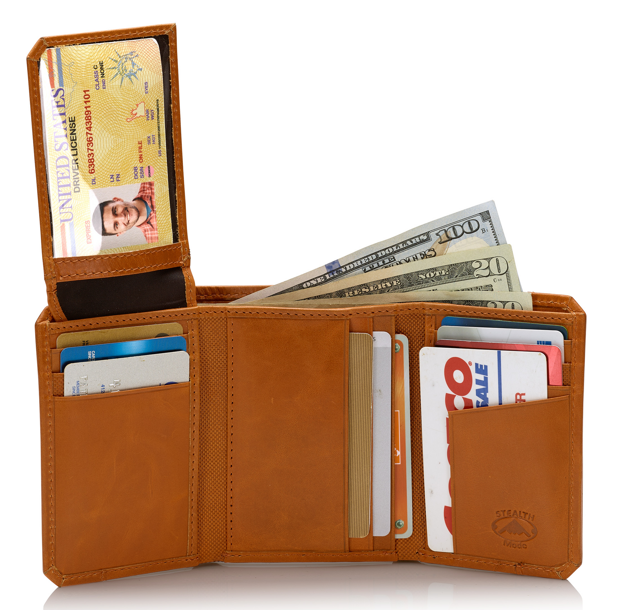 RFID Blocking Leather Trifold Wallet for Men – Mens Trifold Leather Wallet with Flip Up ID Window, 11 Card Slots, Hidden Pockets, Divided Billfold – Gift Box Included (Light Brown Crunch)
