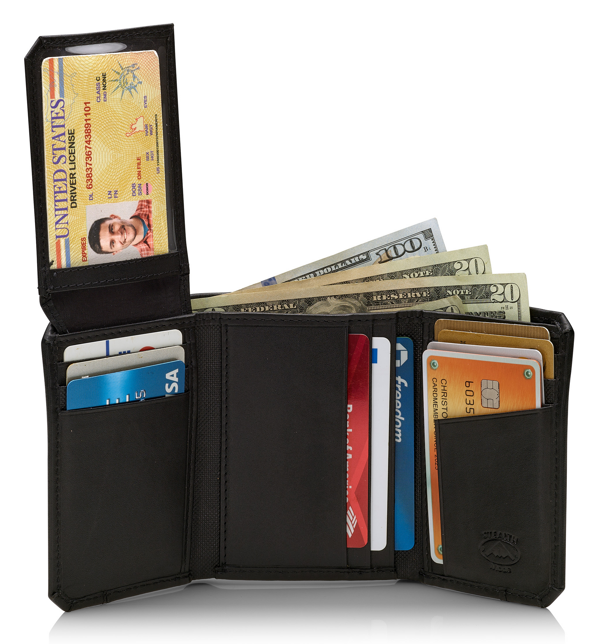 RFID Blocking Leather Trifold Wallet for Men – Mens Trifold Leather Wallet with Flip Up ID Window, 11 Card Slots, Hidden Pockets, Divided Billfold – Gift Box Included (Black Crunch)