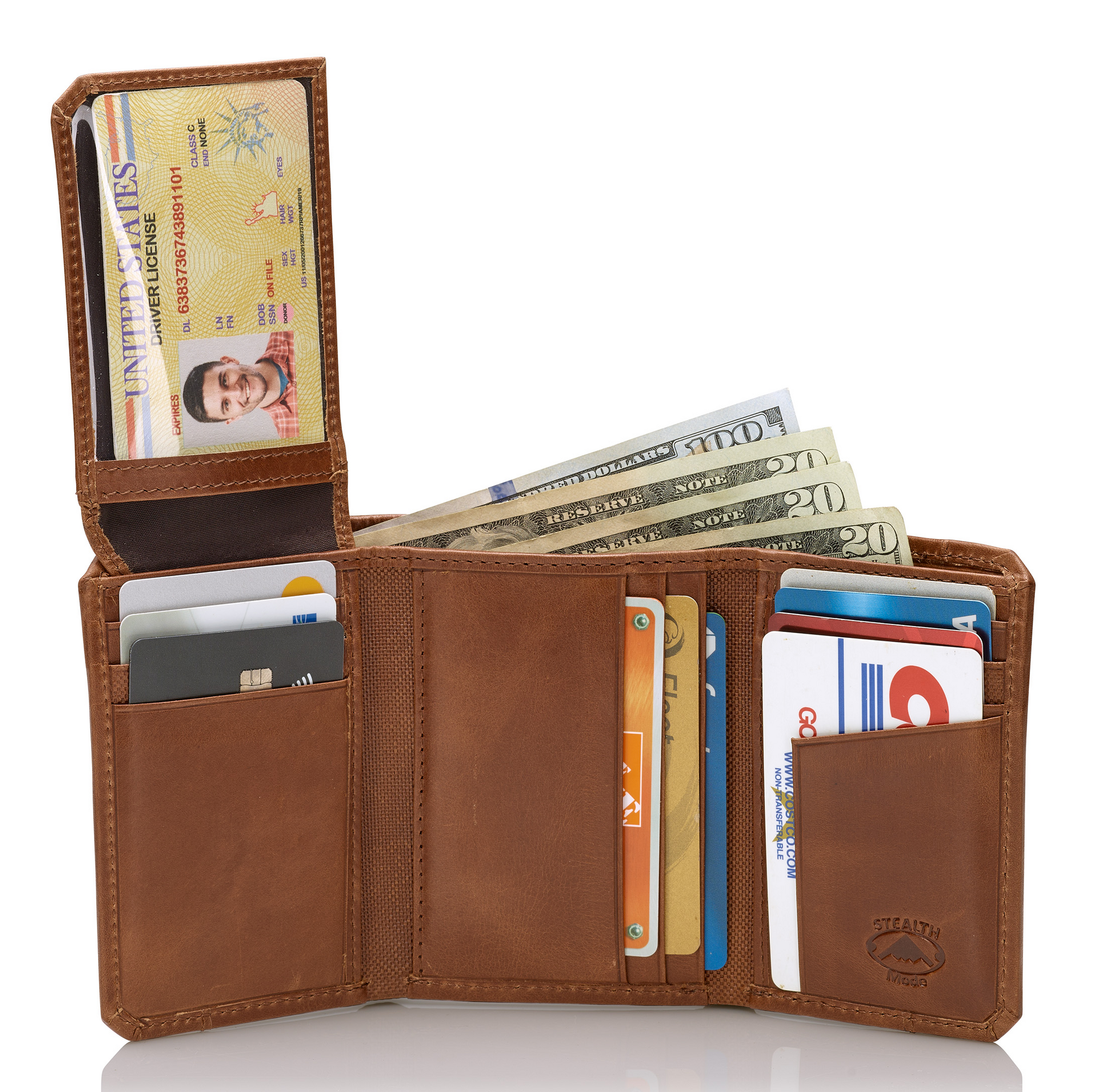 RFID Blocking Leather Trifold Wallet for Men – Mens Trifold Leather Wallet with Flip Up ID Window, 11 Card Slots, Hidden Pockets, Divided Billfold – Gift Box Included (Brown Crunch)